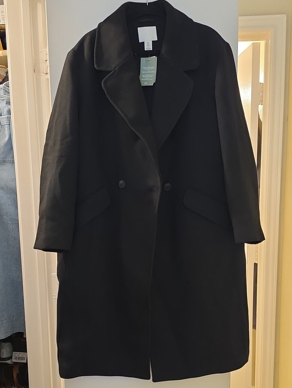 H&M Black Wool-Blend Double-Breasted Long Trench Coat